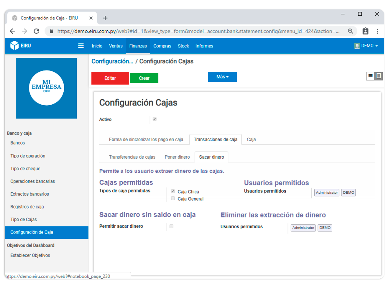 Configuración de Caja